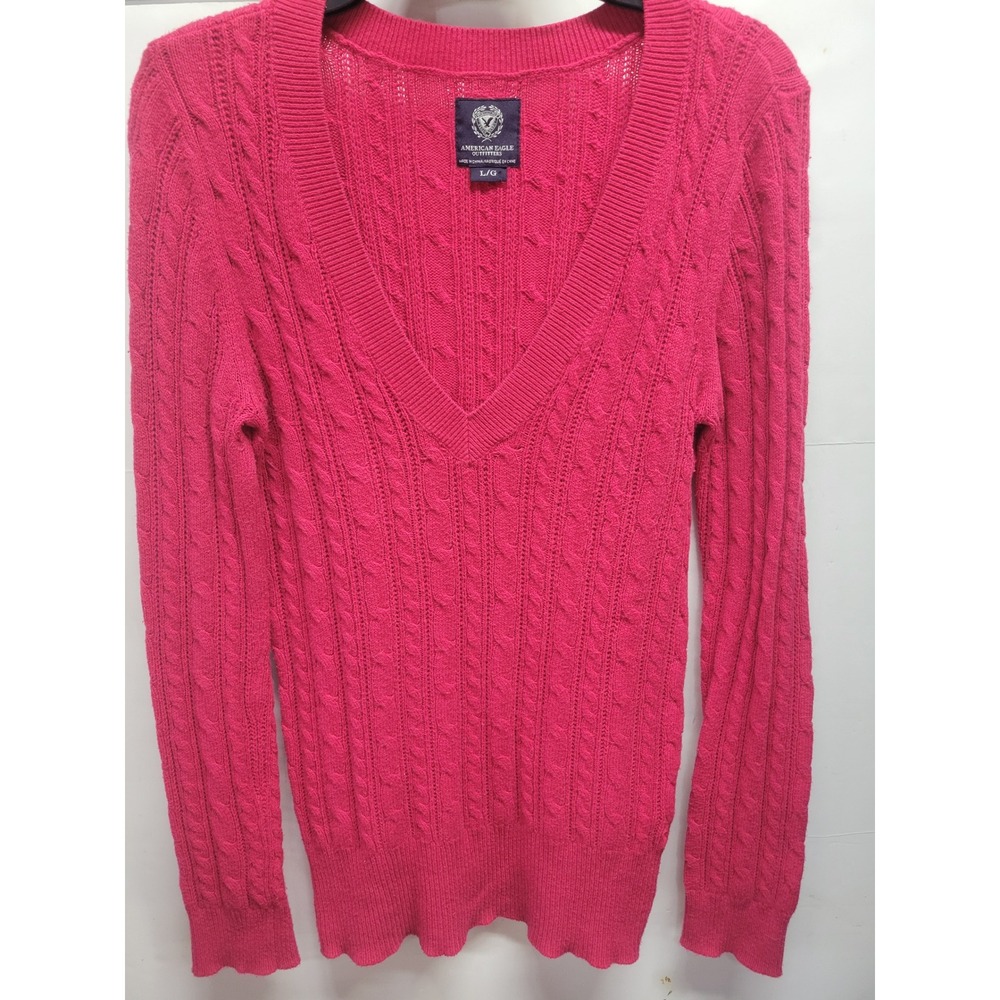 Y2K American Eagle Outfitters Cable Knit V Neck Sweater Hot Pink Women's L